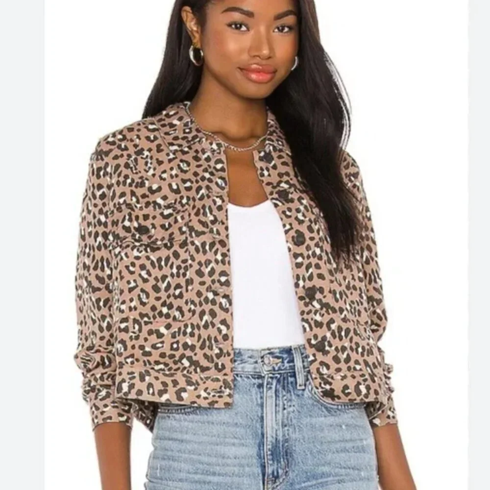 Rails Steffi Mountain Leopard-Print Cropped Button Up Jacket TencelLyocell Linen
